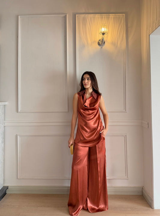 Ethereal Muse — Textured Silk Draped Co-ord Set”
Available in Emerald Whisper & Terracotta Bloom